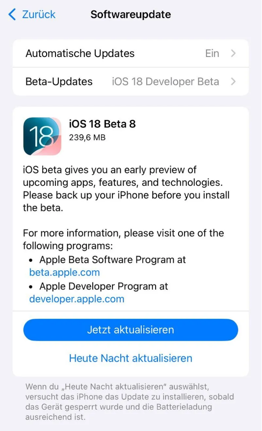 梁溪苹果手机维修分享苹果 iOS / iPadOS 18 开发者预览版 Beta 8 发布 